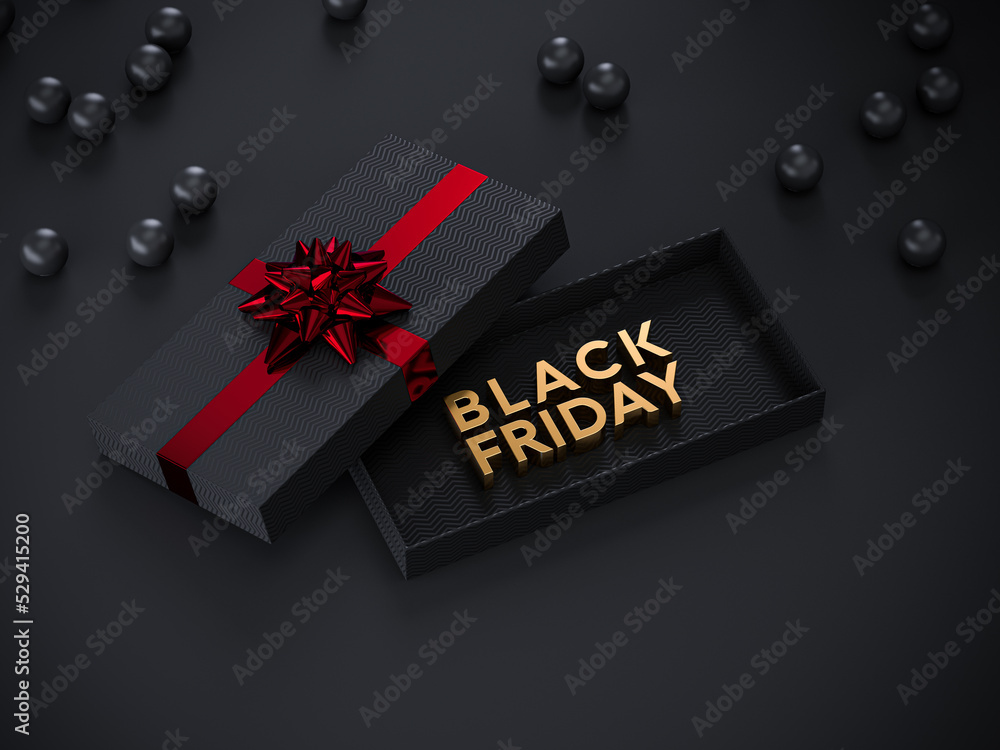 Obraz premium Luxury gift box with golden Black friday and ball glitter scattering on dark background. 2023 Black friday background design. Elegant 3D rendering. 3d illustration.