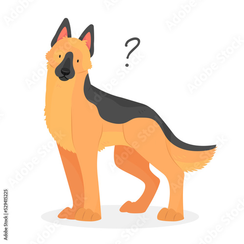 A german shepherd dog with a question mark. Dog question. An uncomprehending dog with its head tilted. Vector pet illustration.