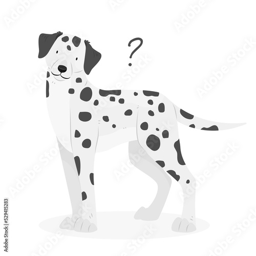 A dalmatian dog with a question mark. Dog question. An uncomprehending dog with its head tilted. Vector pet illustration.