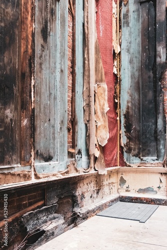 Fire-damaged walls of a Clandon house. photo