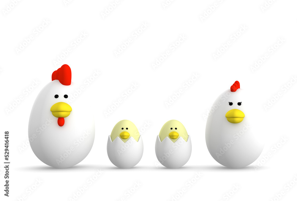 Egg shaped chicken family, 3d illustration Egg shaped chicken family, 3d illustration