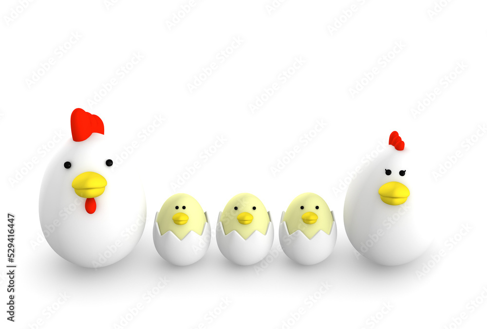 Egg shaped chicken family, 3d illustration Egg shaped chicken family, 3d illustration