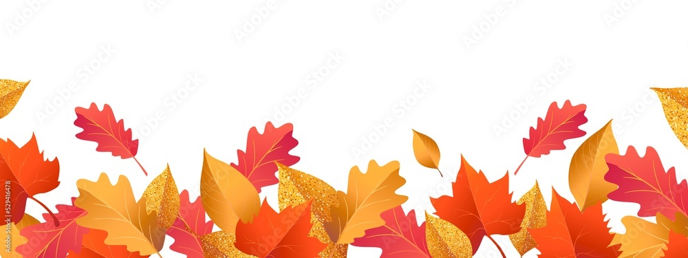 Autumn seasonal background with long horizontal border made of falling ...