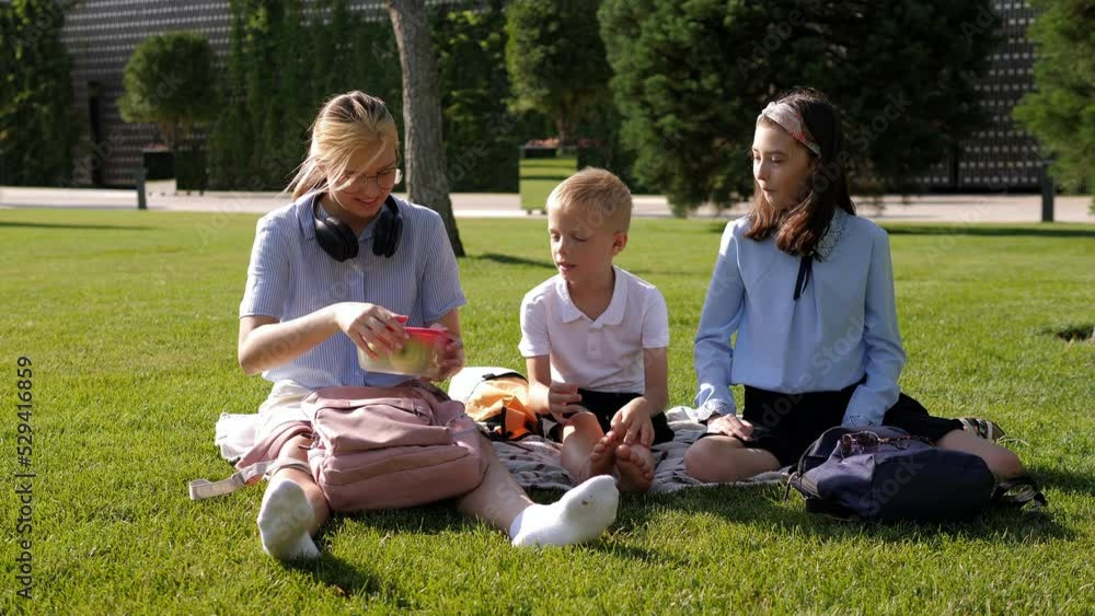 Schoolchildren are sitting on the grass at lunch and eating apples. Schoolchildren are sitting on the grass at lunch and eating apples.