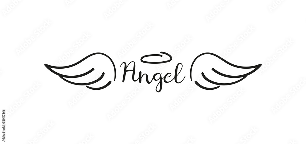 Obraz premium Angels wings with halo. Hand drawn vector feather angel. Handdrawn sketch feathers bird