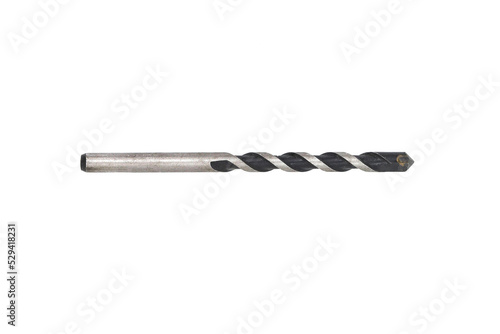 A drill bit made of steel or other metal of a twisted shape. Professional nozzle for drill, hammer or screwdriver.  Isolated on a white background