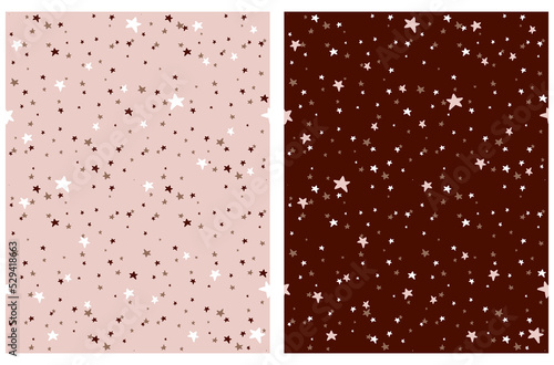 Tiny Stars Vector Patterns. Irregular Hand Drawn Simple Starry Sky Print for Fabric, Textile, Wrapping Paper. Infantile Style Galaxy Design. Little Stars Isolated on a Pastel Pink and Brown.