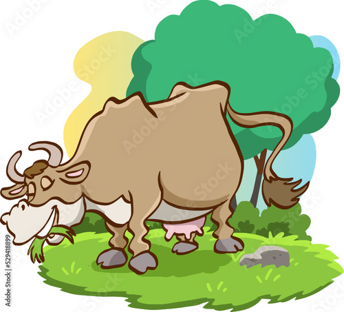 illustration of Cartoon cow standing on grass