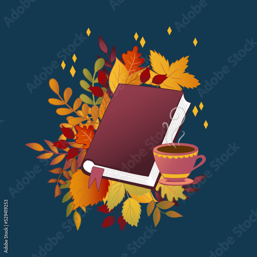 Cosy composition with a book, autumn leaves and cup of hot tea on a dark blue background. 