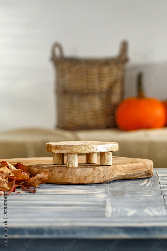 Autumn composition of empty lifts on a wooden table with free space