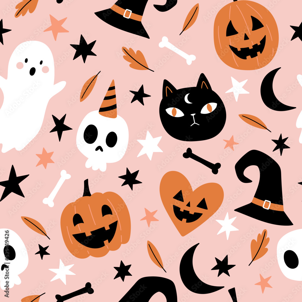 Seamless pattern with pumpkins, cats, ghosts, skulls, witch hats, moon on pink background. Vector Halloween background in flat style. Doodle style. For textiles, clothing, bed linen, office supplies Seamless pattern with pumpkins, cats, ghosts, skulls, witch hats, moon on pink background. Vector Halloween background in flat style. Doodle style. For textiles, clothing, bed linen, office supplies