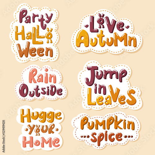 Set of colourful handdrawn lettering stickers about autumn. Love autumn, party Halloween, hugge your home, jump in leaves. 