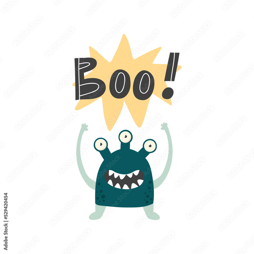 Monster print with slogan. Cartoon character design for fashion fabrics, textile graphics, prints Monster print with slogan. Cartoon character design for fashion fabrics, textile graphics, prints