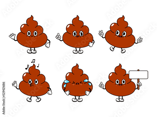 Funny cute poop characters bundle set. Vector hand drawn doodle style traditional cartoon vintage, retro character illustration icon design. Isolated white background. Turd mascot character