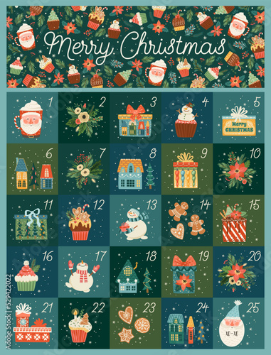 December advent calendar. Cute Christmas illusstrations with new year symbols. Vector design.