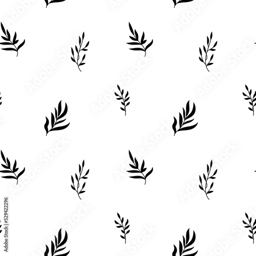 Hand drawn small leaves seamless pattern. Tiny vector branches, twigs with leaves. Black ink texture with foliage