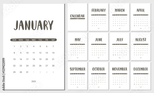 Vector Calendar for 2023 Year. Set of 12 Months. Week Starts Sunday. Stationery Design for Printable.