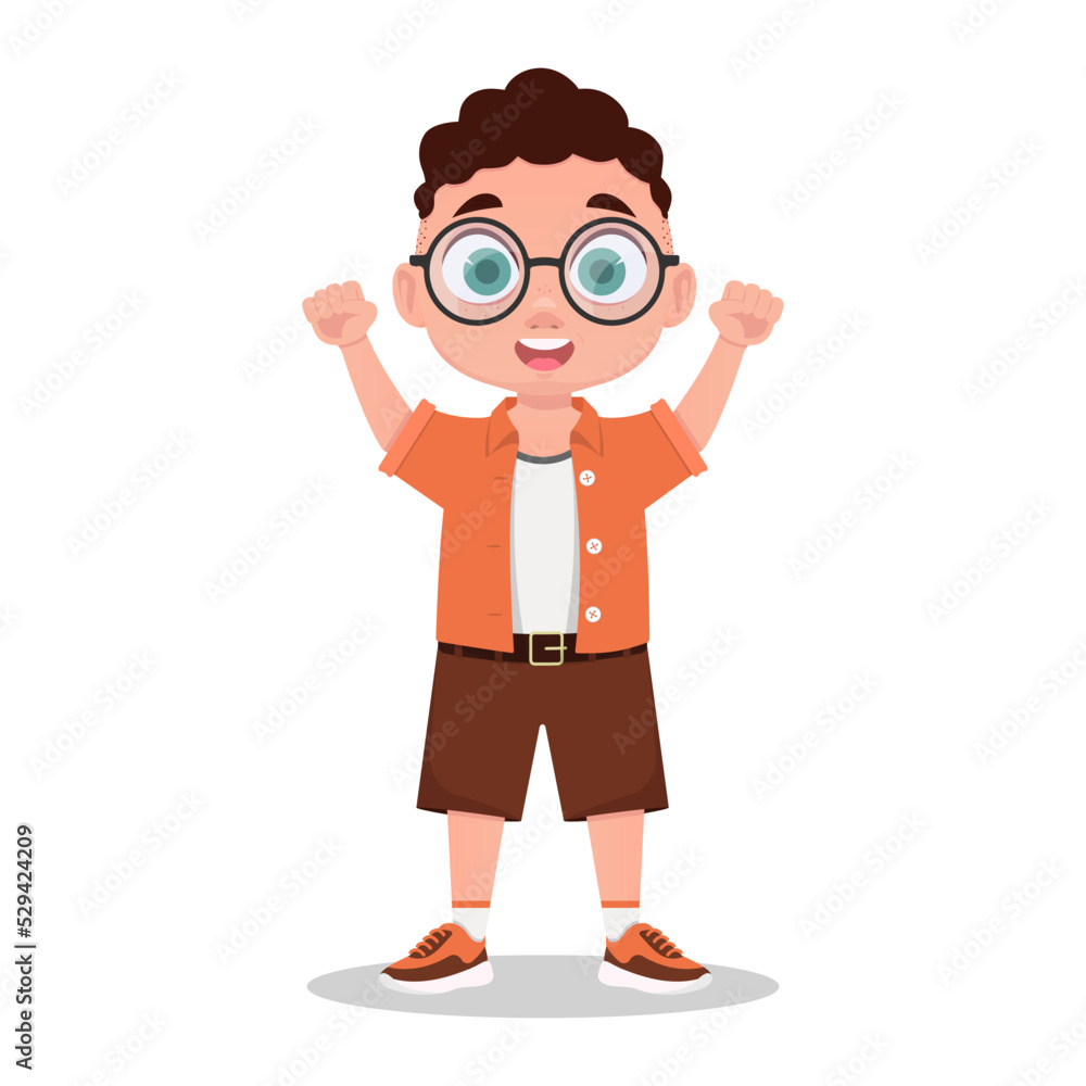 Joyful child. Cheerful boy with glasses. Vector illustration