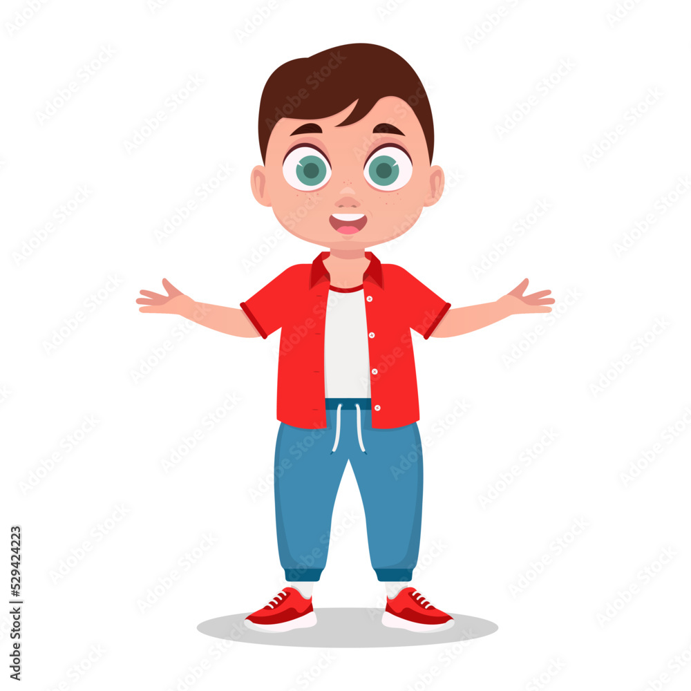 Child, hands to the sides. Surprised boy. Vector illustration