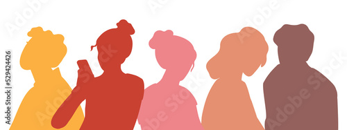 A group of sad people. Color silhouettes Men and women of different nationalities in stress and panic.