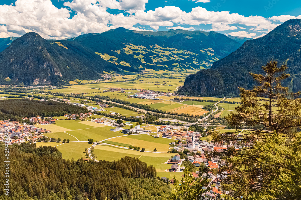 Beautiful alpine summer view at the entrance to the famous Zillertal valley near Wiesing, Tyrol, Austria