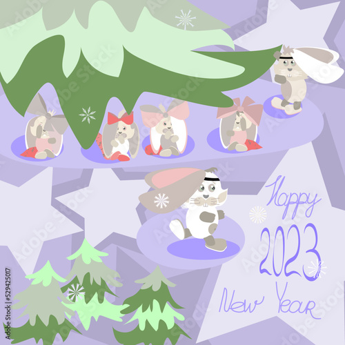 Greeting card invitation to the celebration of the new year 2023  the year of the black rabbit