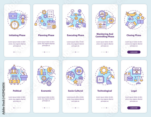 PESTLE in project management onboarding mobile app screen set. Walkthrough 5 steps editable graphic instructions with linear concepts. UI, UX, GUI template. Myriad Pro-Bold, Regular fonts used