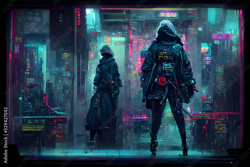 cyberpunk assasin figure in night cyberpunk style neon illuminated city  environment, neural network generated art. Digitally generated image. Not  based on any actual scene or pattern. Stock Illustration | Adobe Stock