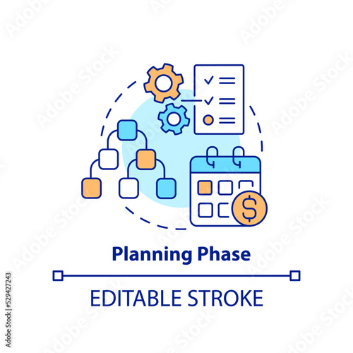 Planning phase concept icon. Build work strategy. Project management abstract idea thin line illustration. Isolated outline drawing. Editable stroke. Arial, Myriad Pro-Bold fonts used