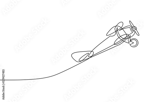 Continuous line drawing of jet plane . Flight biplane Tandem wing. The symbol of take-off in the sky.One continuous line.One continuous line is drawn on a white background.