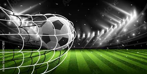 Realistic soccer ball hitting the net. Vector illustration