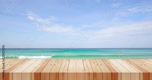 Closeup wooden table on out beach sea background Landscape tropical summer sea horizon blue sky background  photo