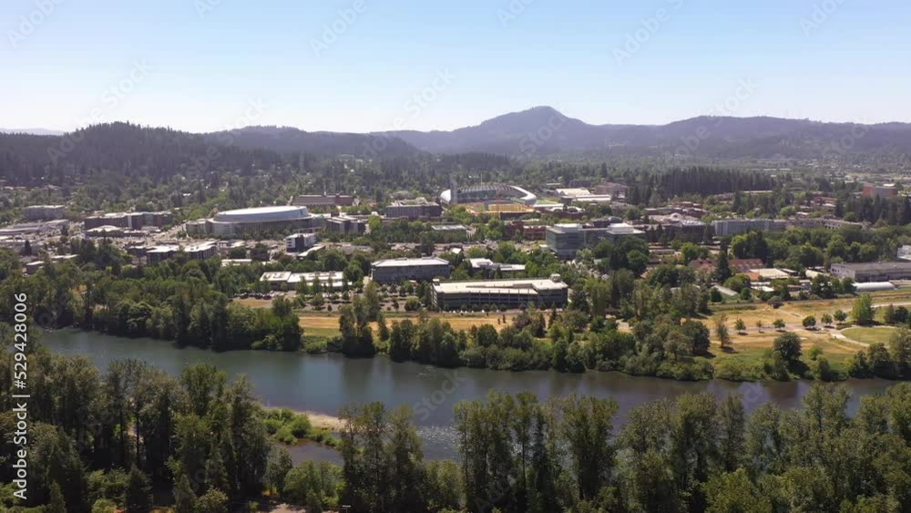 Eugene Oregon, USA. Drone flying alongside Willamette River. Eugene Oregon, USA. Drone flying alongside Willamette River.