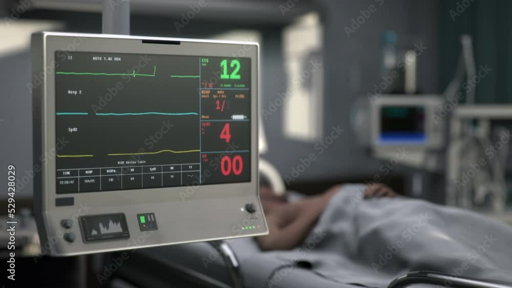 Vital signs monitor device shows a flatline of all patients health