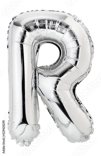 Letter R in silver mylar balloon isolated on transparent