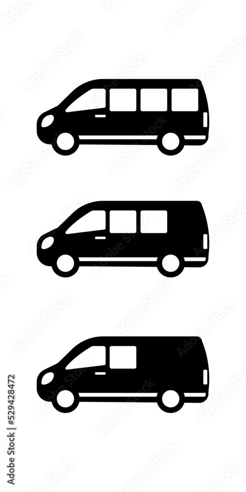 Set of minibuses icon. Small van. Black silhouette. Side view. Vector simple flat graphic illustration. The isolated object on a white background. Isolate.