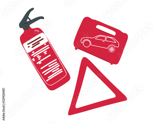 Motorist set, sign , first aid kit and fire extinguisher OP1. Emergency first aid kit  and necessary auto service equipment . Safety car set isolated on white background. Vector illustration