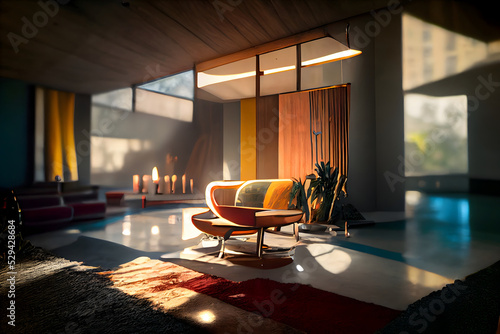 mid century modern style interior, neural network generated art. Digitally generated image. Not based on any actual scene or pattern.