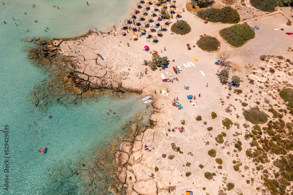 Landscape, beach on the coast of Crete, Photo of Greece from a drone, top view.