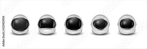 Vector 3d Realistic Astronaut Helmets, Cosmonaut Mask Glass Visor for Space Exploration, Icon Set Isolated. White Suit Part for Spaceman Head Protection. Space Helmet Design Template