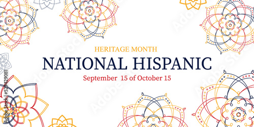 National Hispanic Heritage Month. Vector illustration. Greeting card, banner, flyer and background in bright colors with bright mandalas on a white background.