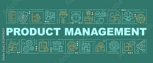 Product management word concepts dark green banner. Business. Infographics with editable icons on color background. Isolated typography. Vector illustration with text. Arial-Black font used