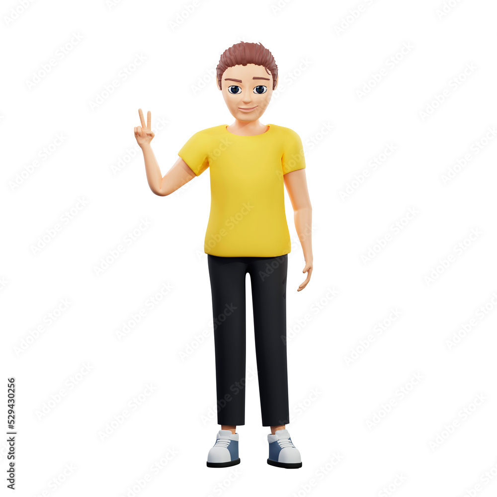 Raster illustration of man with two fingers up. A young guy in a yellow tshirt shows a greeting sign, good afternoon, cool sign, teenager, gesture language. 3d rendering artwork for business Raster illustration of man with two fingers up. A young guy in a yellow tshirt shows a greeting sign, good afternoon, cool sign, teenager, gesture language. 3d rendering artwork for business