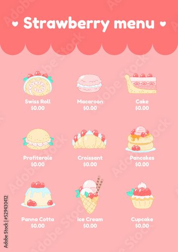 Strawberry desserts menu template. Cartoon illustration of summer berry desserts like pancakes, macaroon, croissant, ice cream, panna cotta etc. Vector 10 EPS.
