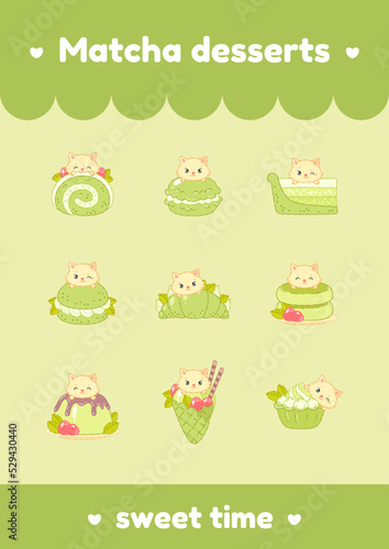 Sweet time. Set of cartoon illustrations of cute cats sitting on oriental matcha green tea desserts. Vector 10 EPS.