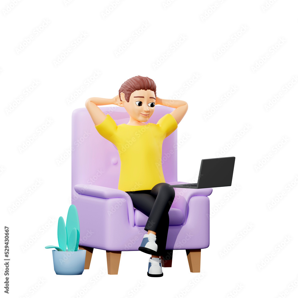 Raster illustration of man worhing in a chair. Young guy in a yellow tshirt sits on the phone, relaxes, social networks, surf the Internet. Relax concept. 3d rendering artwork for business Raster illustration of man worhing in a chair. Young guy in a yellow tshirt sits on the phone, relaxes, social networks, surf the Internet. Relax concept. 3d rendering artwork for business