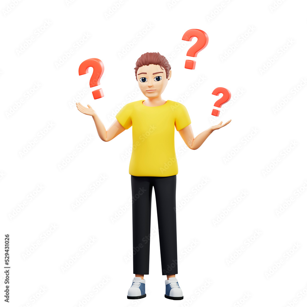 Raster illustration of man thinking about the problemwith a red question mark. A young guy in a yellow T shirt thought, idea, pensive, plan, thoughtful, problem solving. 3d rendering artwork Raster illustration of man thinking about the problemwith a red question mark. A young guy in a yellow T shirt thought, idea, pensive, plan, thoughtful, problem solving. 3d rendering artwork