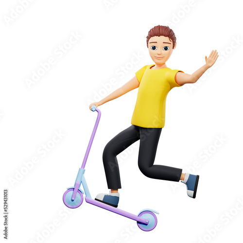 Raster illustration of man riding a scooter. Young guy in a yellow tshirt waving, greeting, while riding a scooter, recreation, active lifestyle, traffic rules. 3d rendering artwork for business © Svitlana