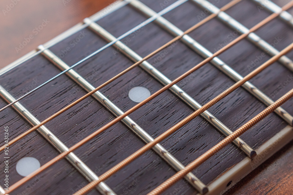 Guitar neck, stretched strings, frets and texture of natural material neck with selective shallow focus and blur.