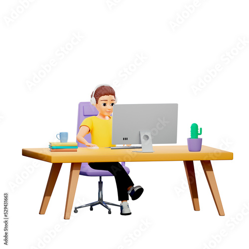 Fototapeta Naklejka Na Ścianę i Meble -  Raster illustration of man working at the desk in the office. A young guy in a yellow tshirt sits on a chear foot to foot in headphones with a phone and hot drink in a mug, cactus. 3d render artwork
